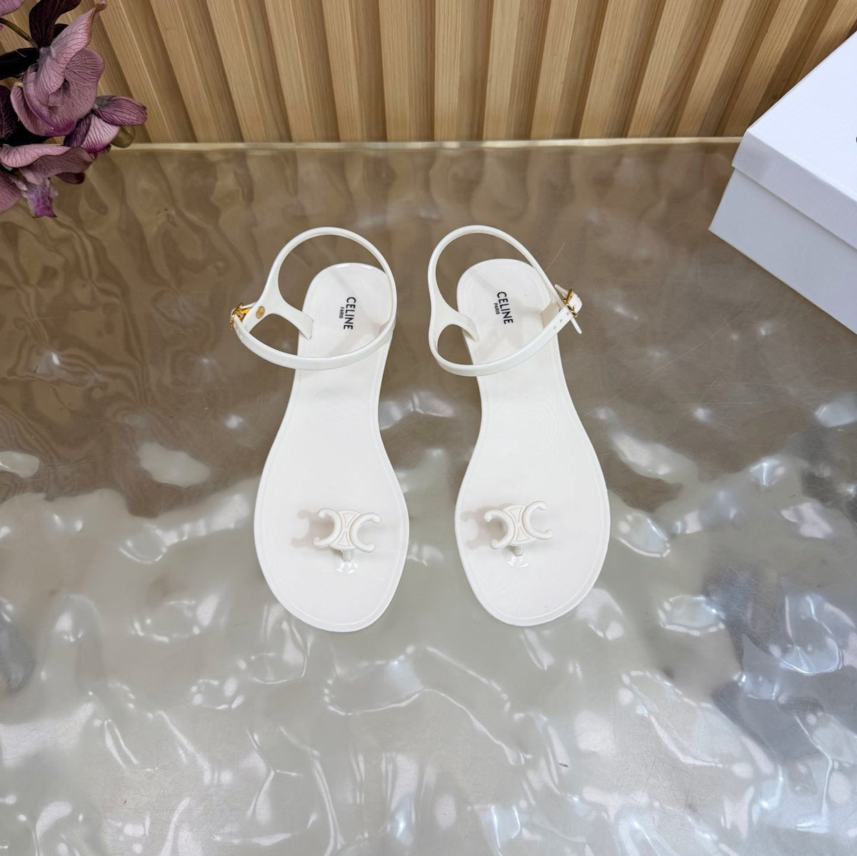 Celine 26s Triomphe Jelly Thong Sandals White TPU Gold Hardware 681427