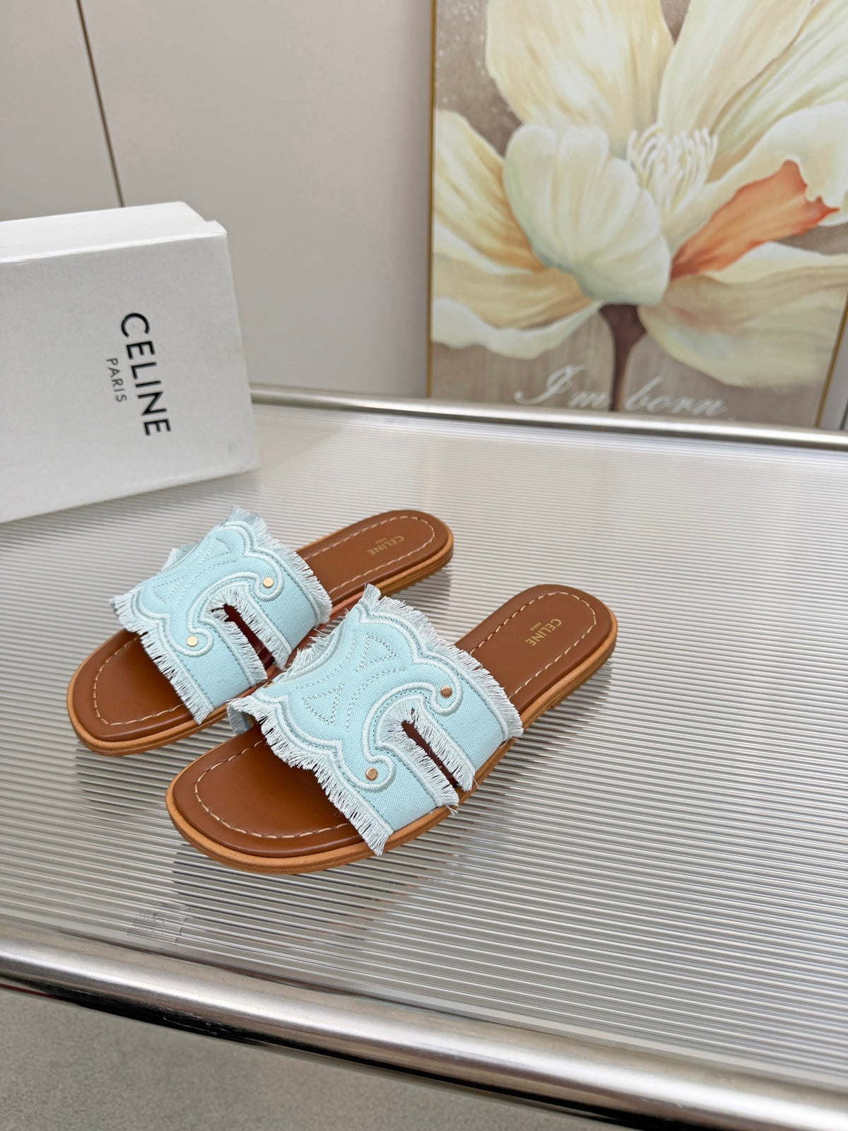 Celine 26s Triomphe Slide Sandals Sky Blue Canvas 514279