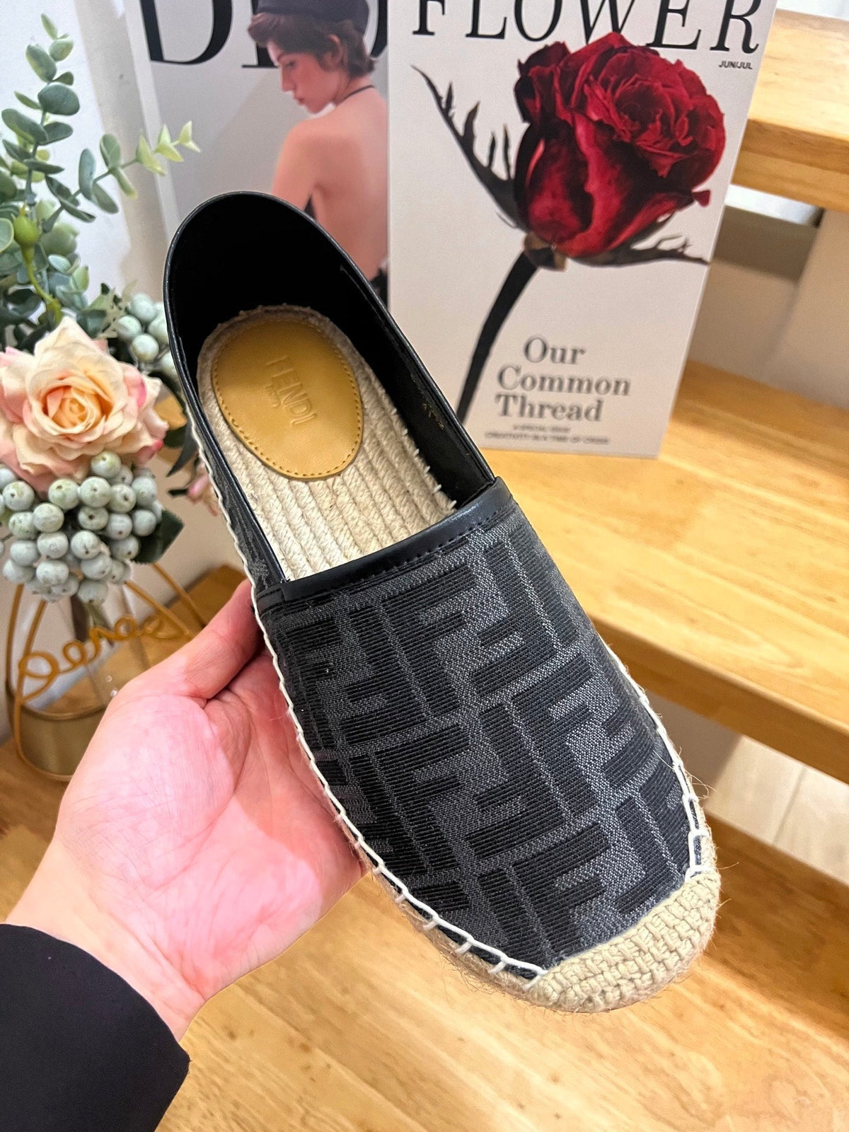 Fendi 26S Espadrille Loafers Black Canvas Style 5