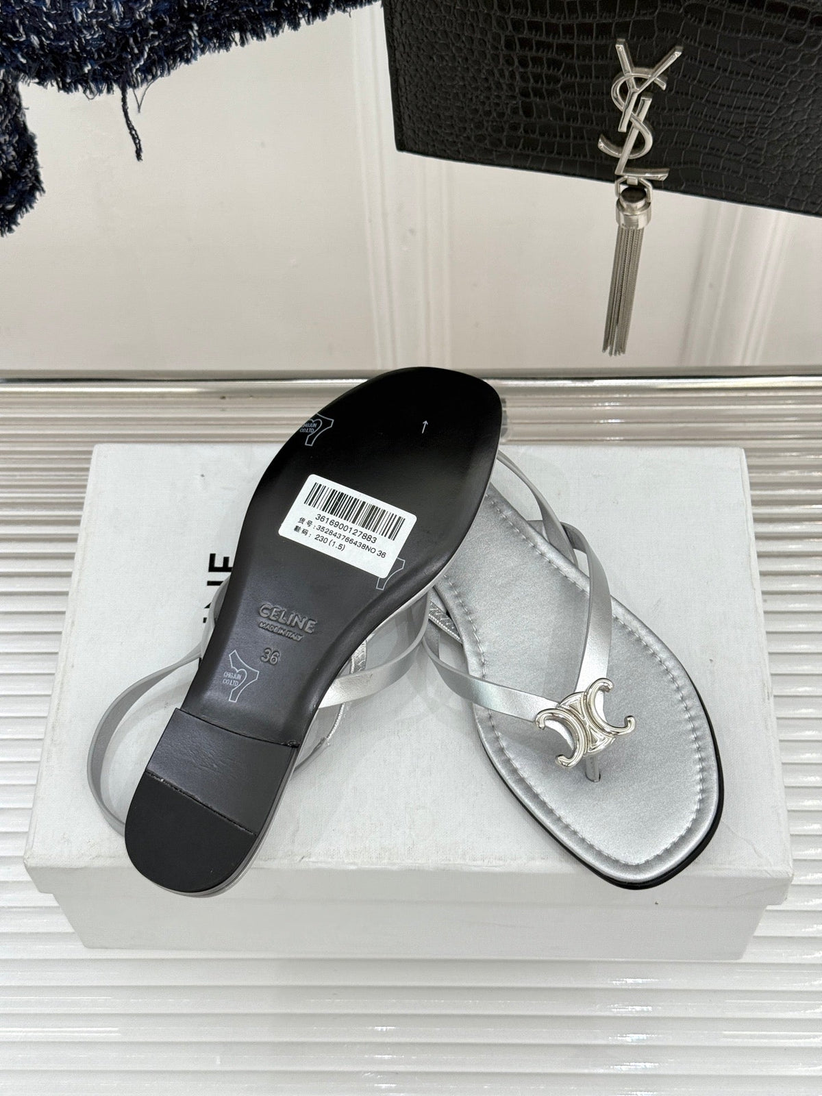 Celine 26s Thong Sandals Silver Calfskin 416283