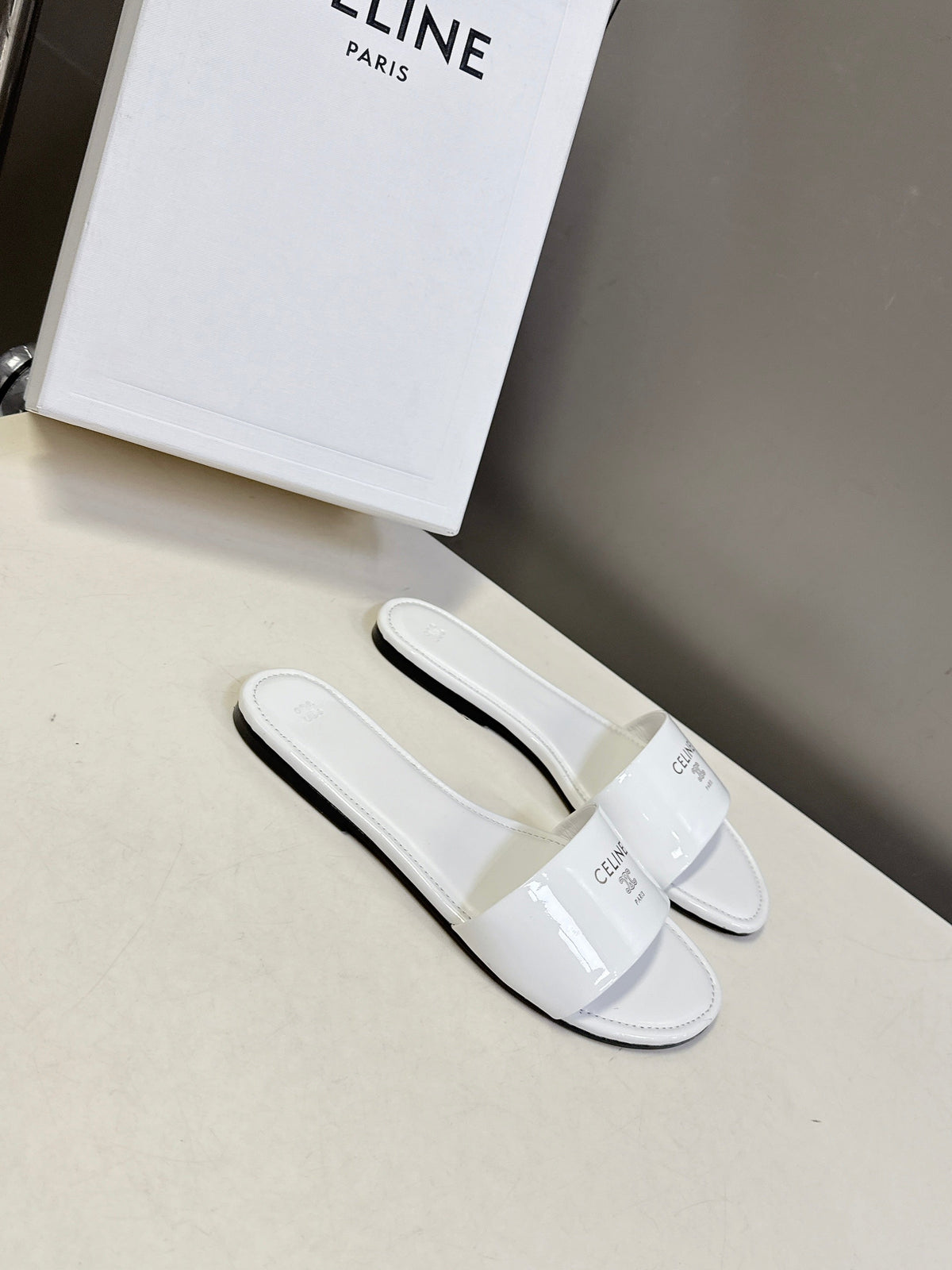 Celine 26s Flat Slides White Patent Lambskin 739512