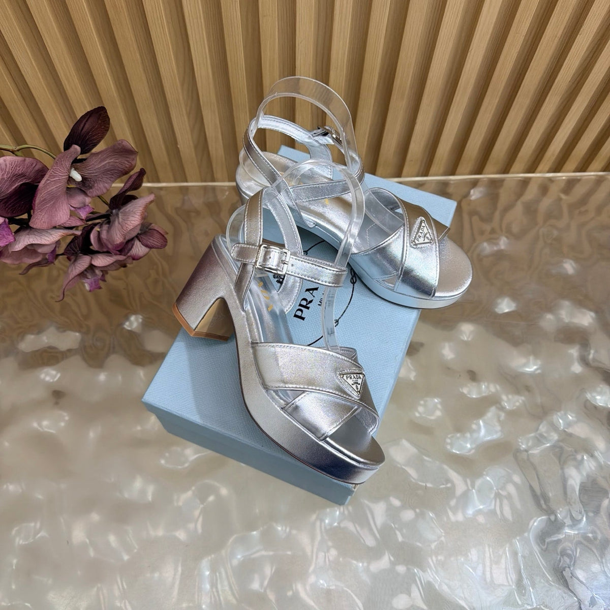 Prada 26S Block Heel Sandals 7.5cm Silver Calfskin
