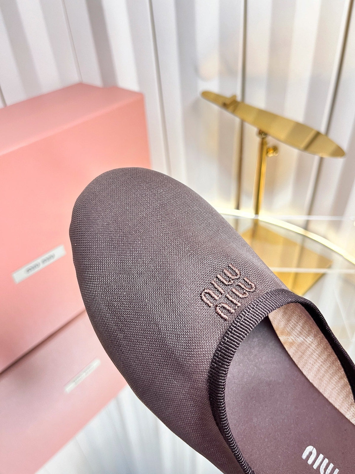 Miumiu 26S Flat Mules Chocolate Brown Fabric And Leather