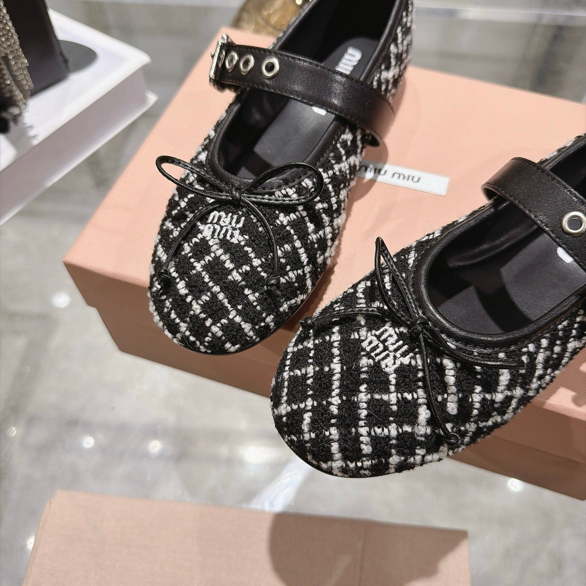 Miumiu 26S Mary Jane Flats Black And White Tweed Fabric