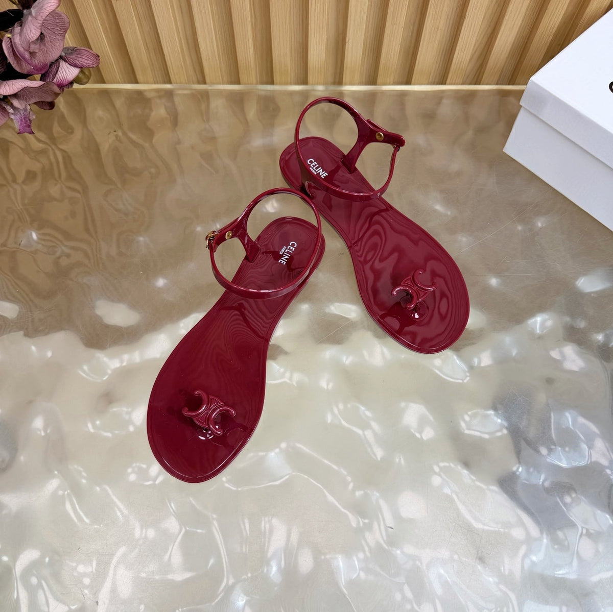 Celine 26s Triomphe Jelly Thong Sandals Burgundy Red TPU Gold Hardware 835219