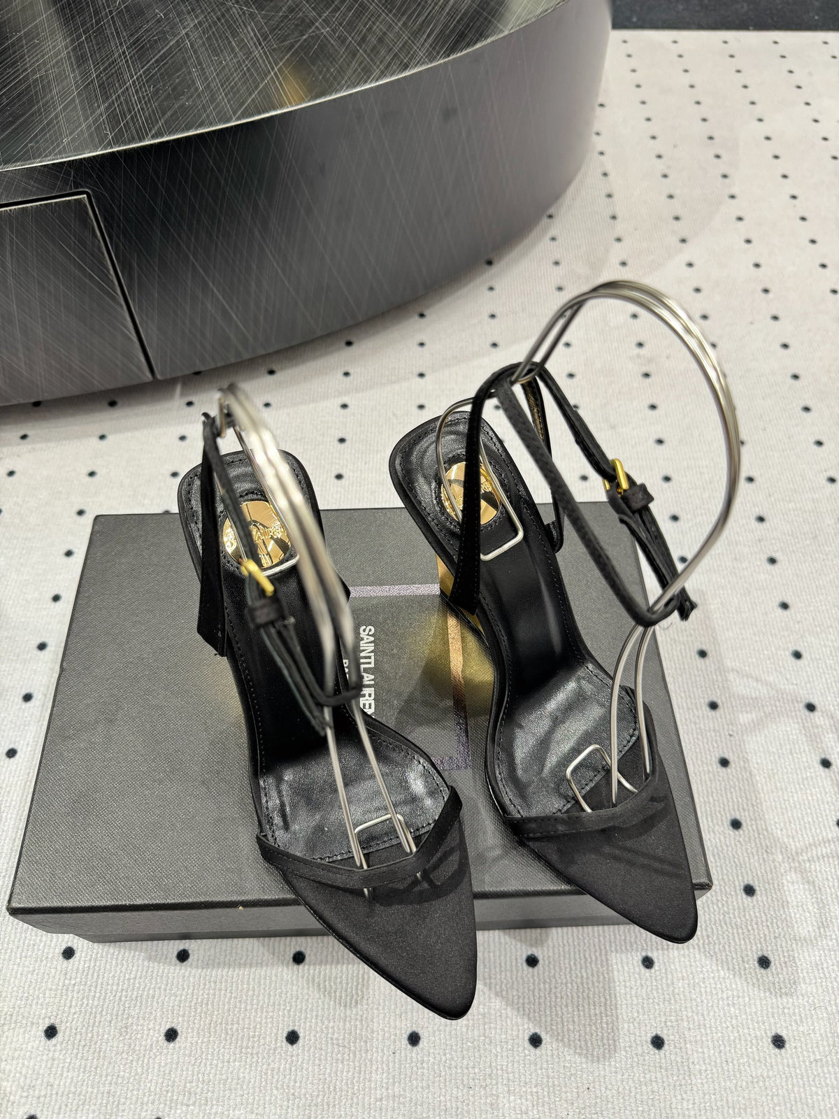 YSL 26S Metal-Capped Wedge Heels 10.5cm Black Satin