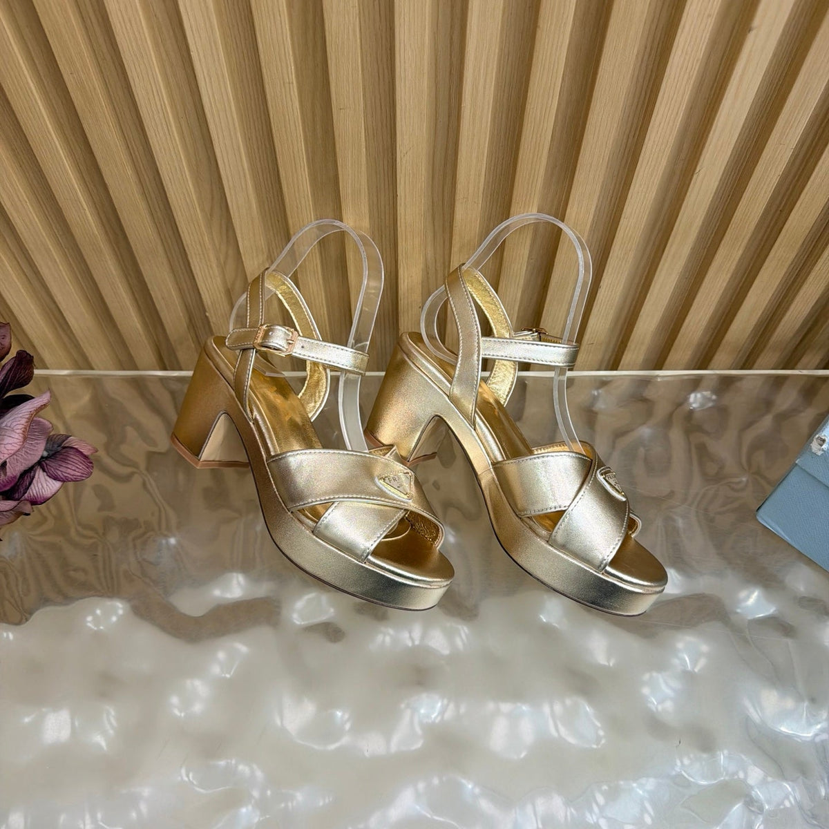 Prada 26S Block Heel Sandals 7.5cm Light Gold Calfskin