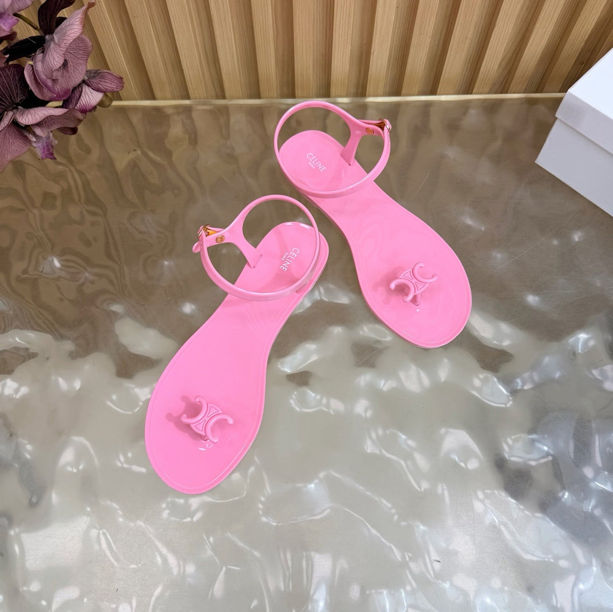 Celine 26s Triomphe Jelly Thong Sandals Pink TPU Gold Hardware 472195