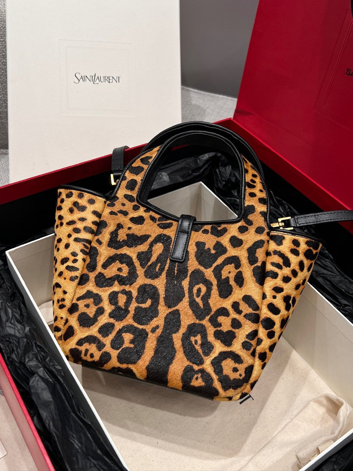 YSL 2026 Le 5 a 7 Baby Bea Bag 18cm Leopard Print Horsehair Leather