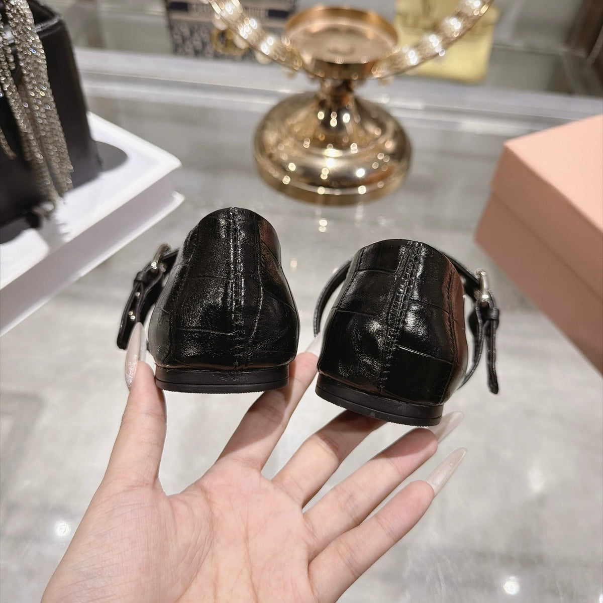 Miumiu 26S Mary Jane Flats Black Croc-Embossed Leather