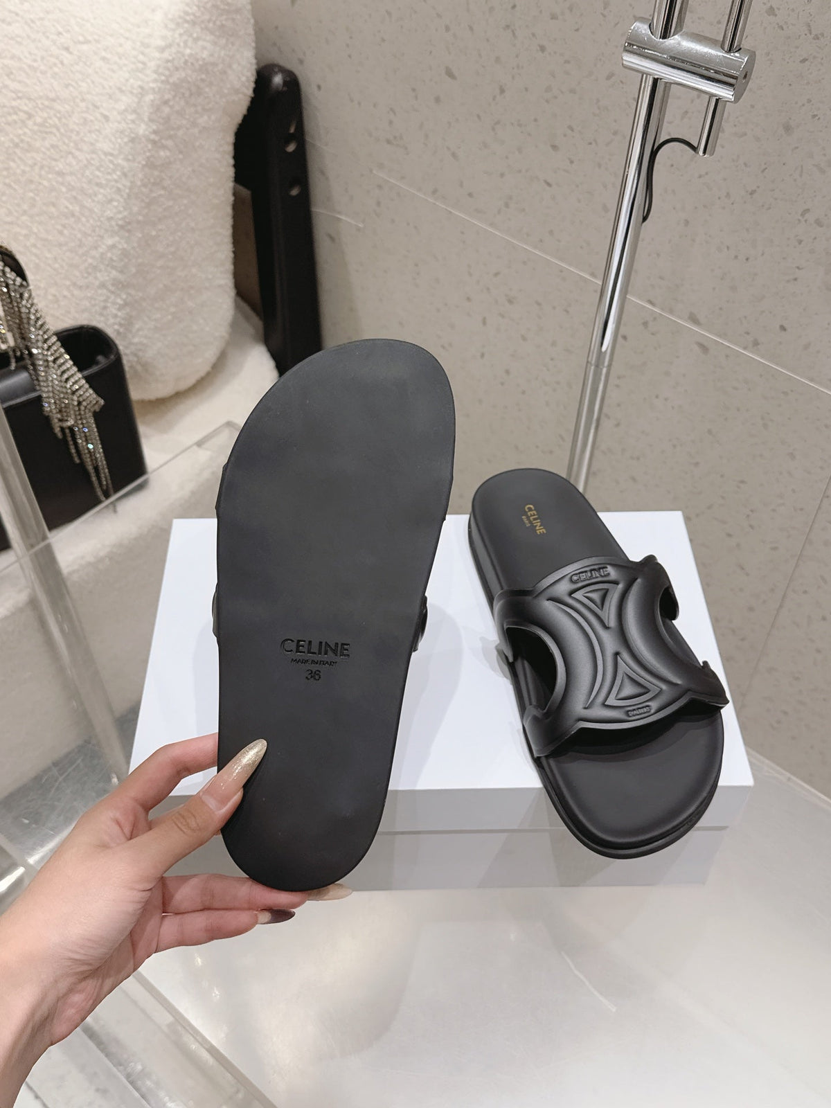 Celine 26s Triomphe Slides Black Calfskin 714052