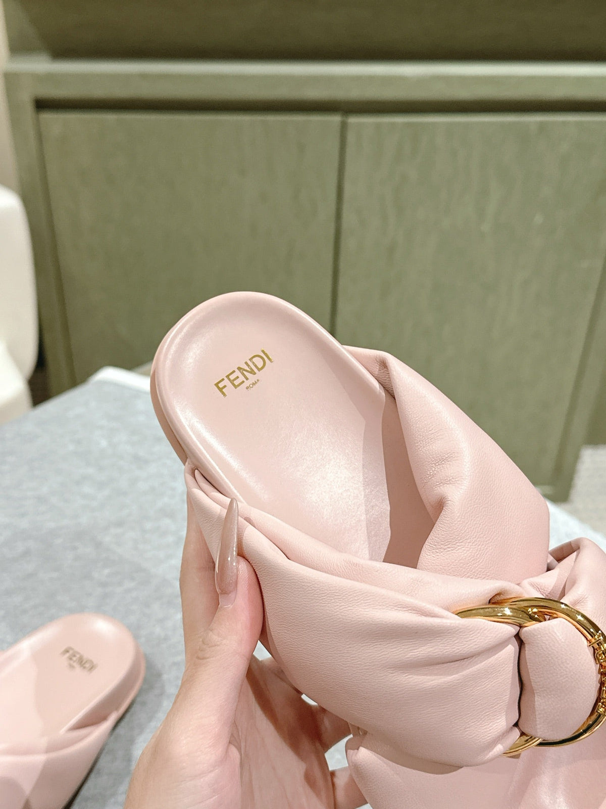 Fendi 26S Wide Cross-Strap Sandals Light Pink Lambskin