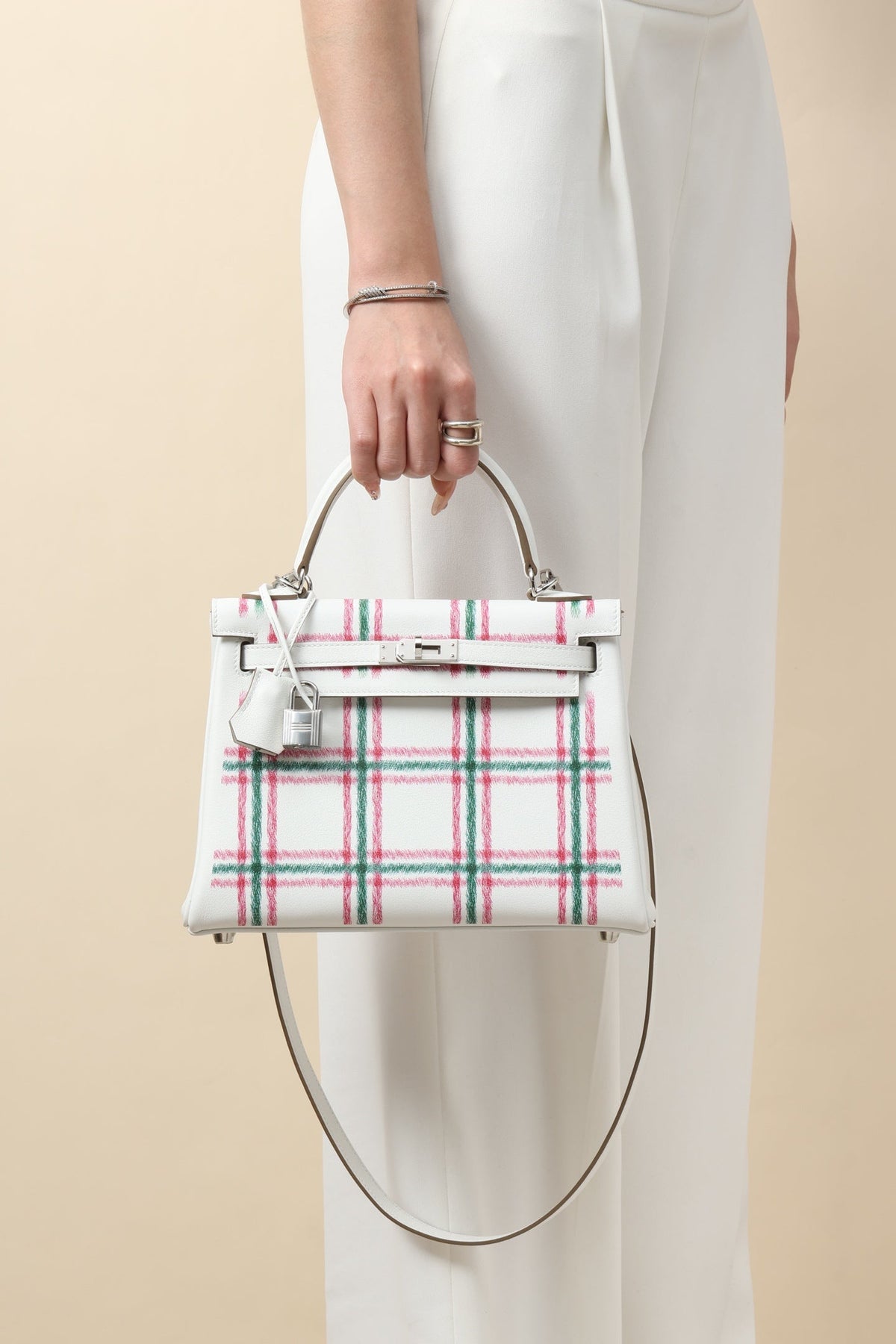 High-end Hermes 2026 Retourne Tartan Kelly Bag 25cm Swift Calfskin
