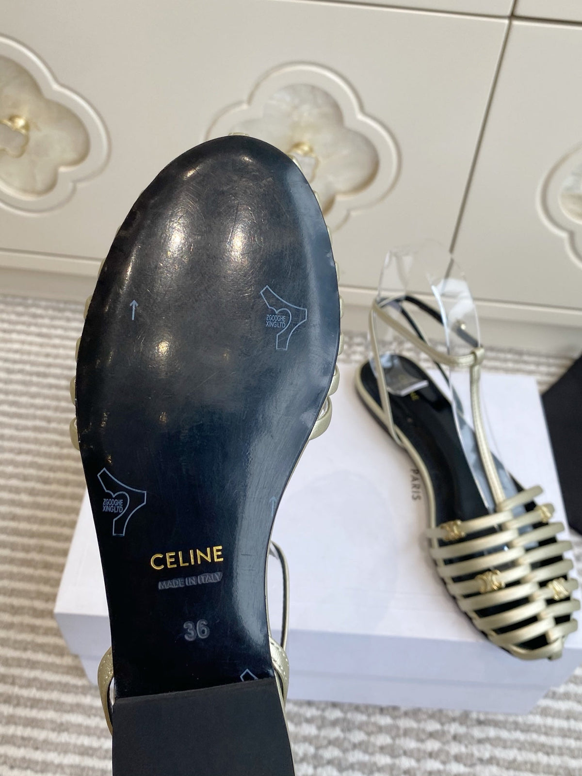Celine 26s Clea Triomphe Gladiator Sandals Champagne Gold Lambskin 735106
