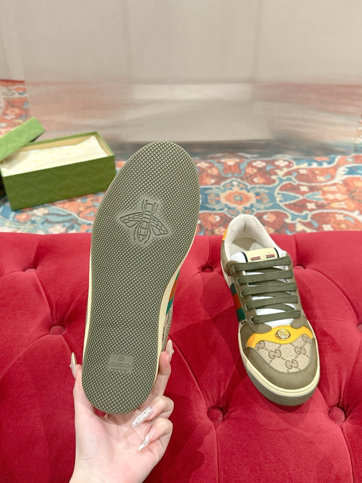 GG 26s Screener Sneaker Olive Green Suede And Beige Canvas