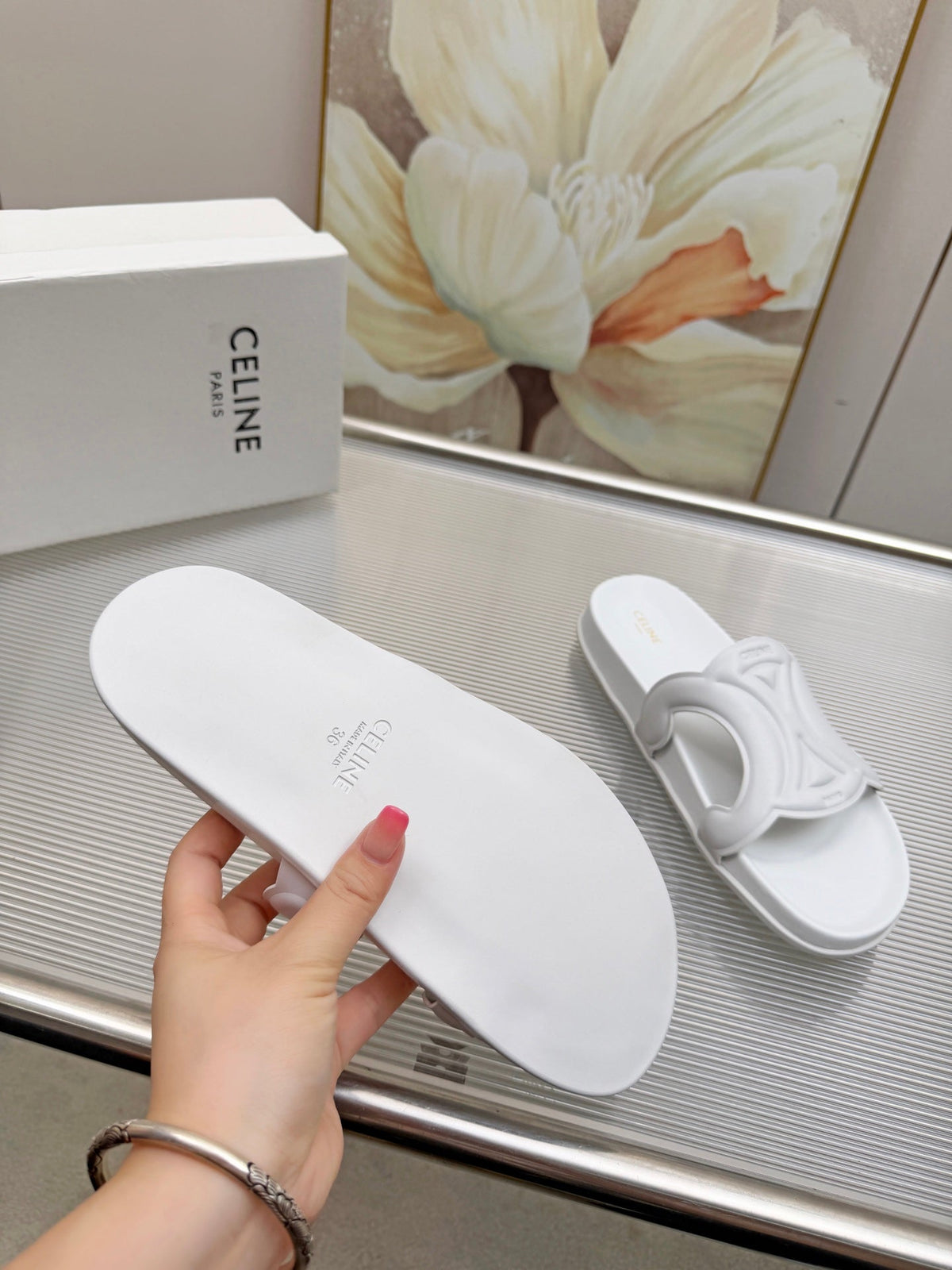 Celine 26s Triomphe Slides White Calfskin 843921