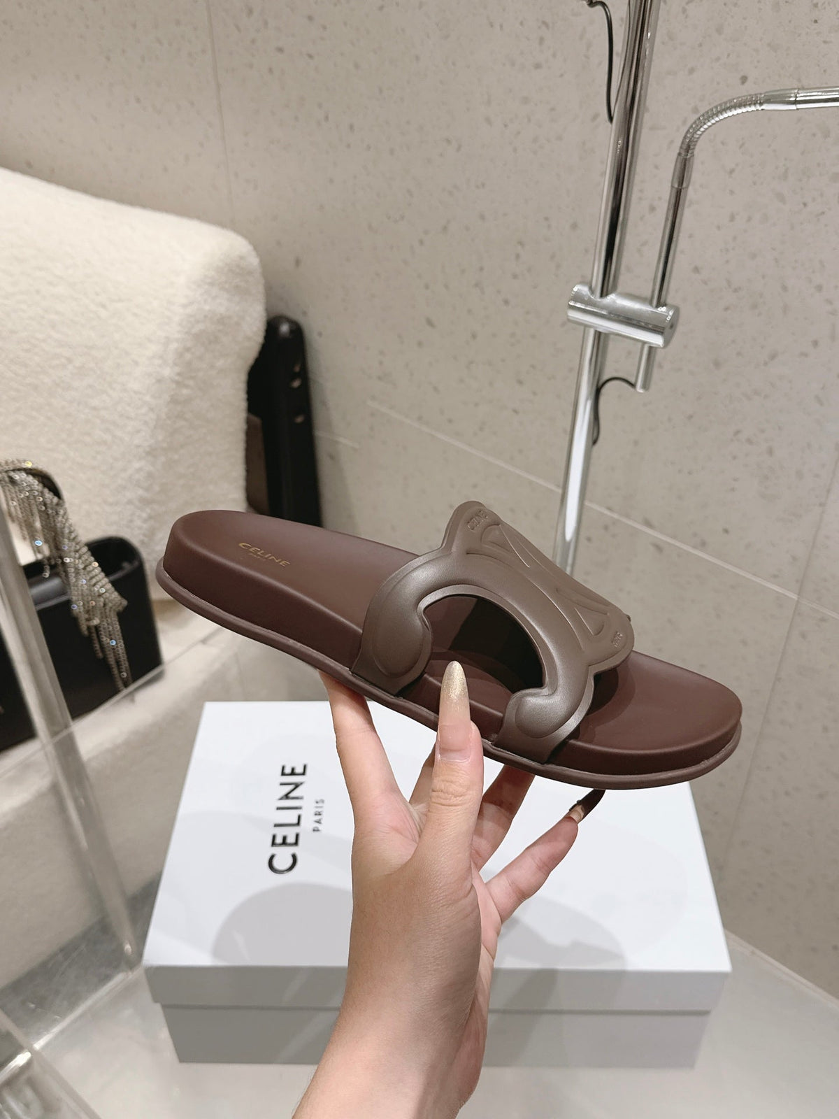 Celine 26s Triomphe Slides Dark Brown Calfskin 629471