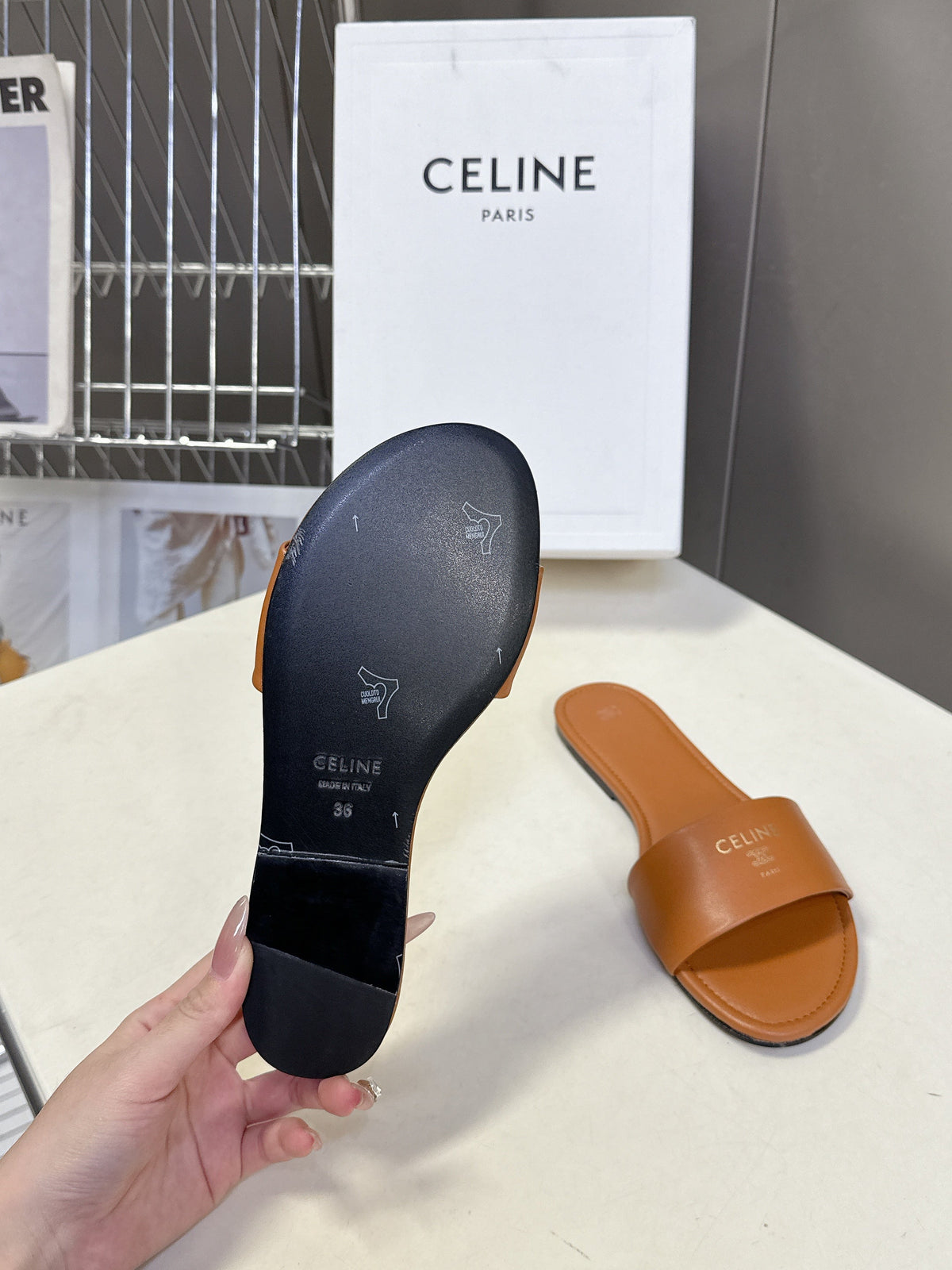Celine 26s Flat Slides Tan Brown Lambskin 418296