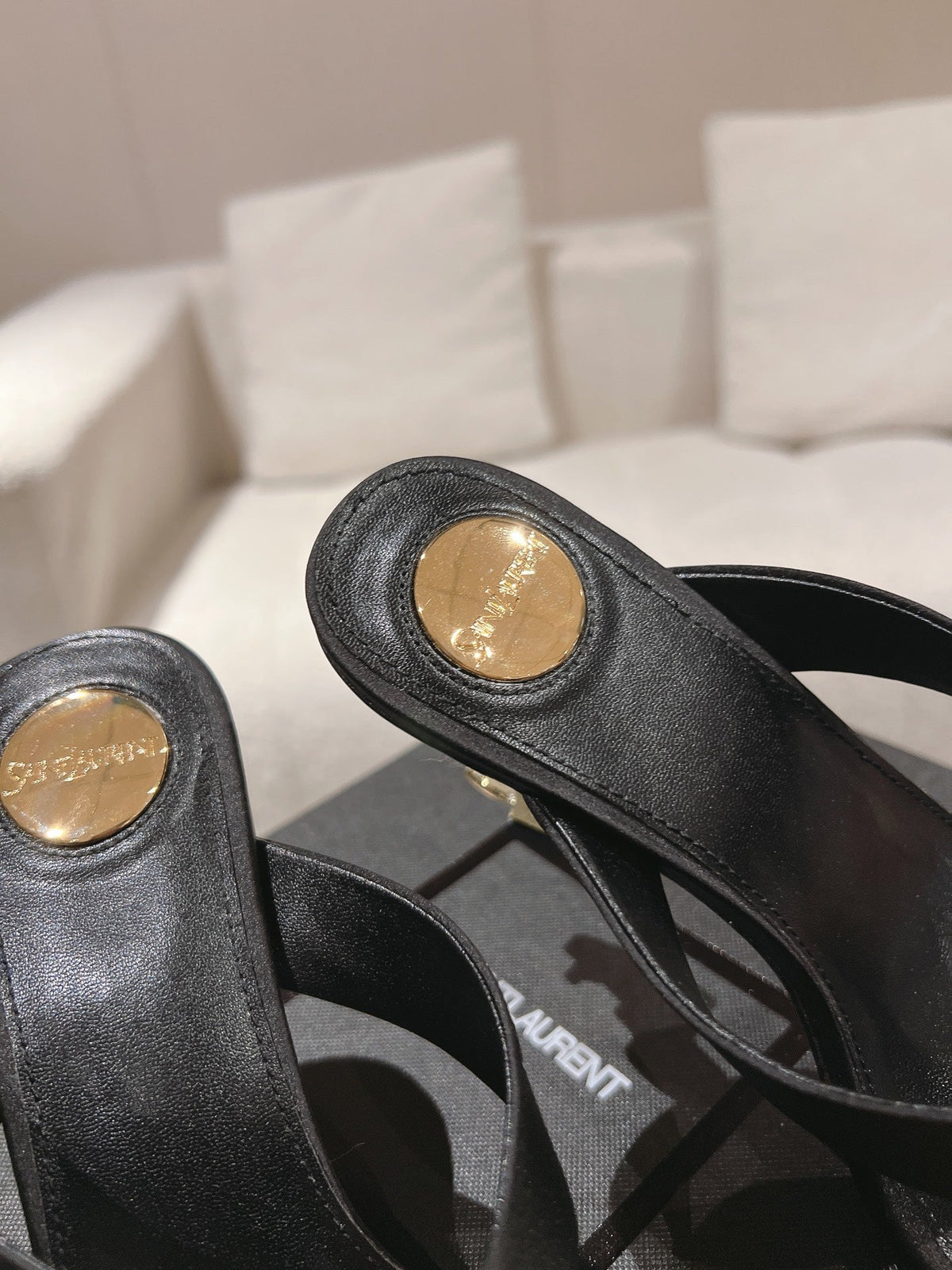 YSL 26S Heeled Thong Sandals 8.5cm Black Satin