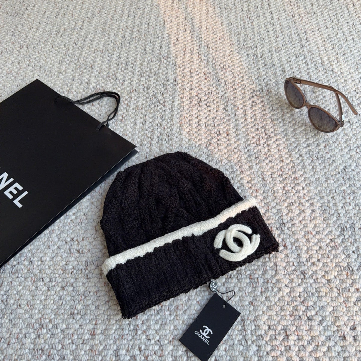 CC 26FW Two-Tone Cable Knit Beanie Hat Wool Blend 563895
