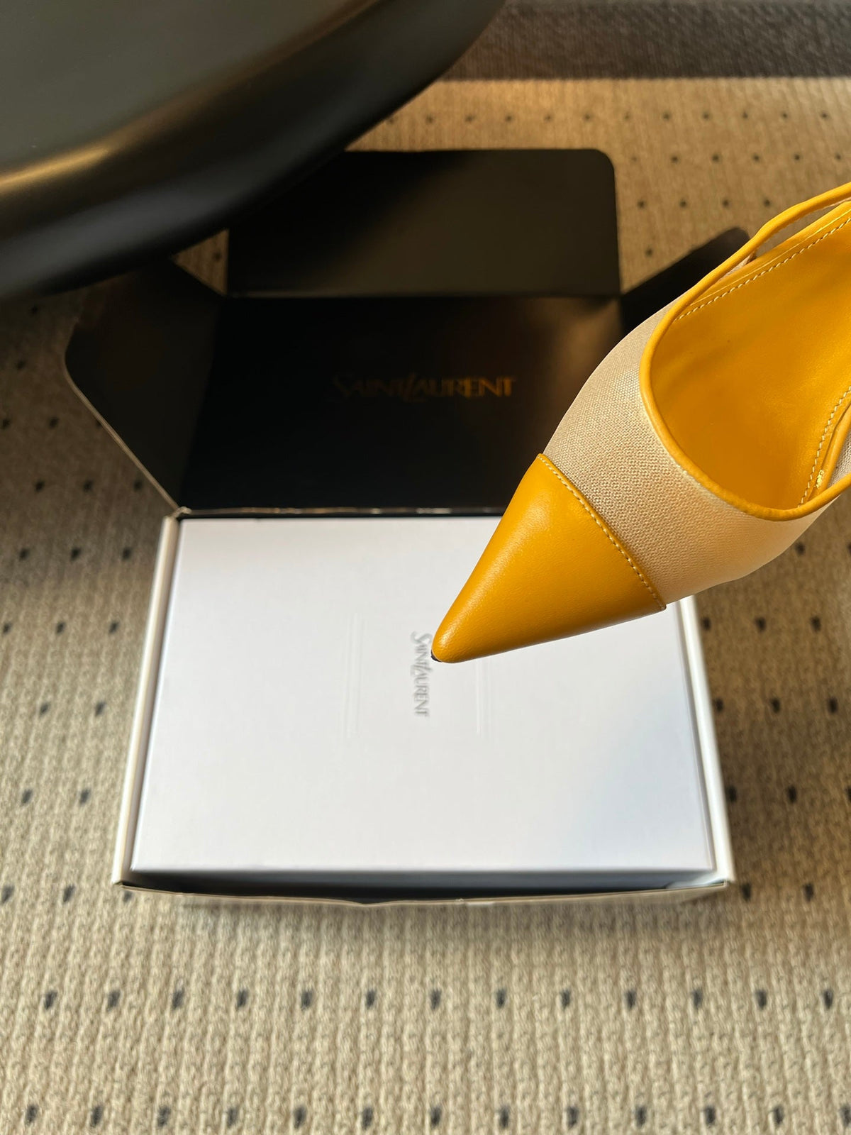 YSL 26S Heeled Slingbacks 6cm Mustard Yellow Lambskin And Beige Mesh