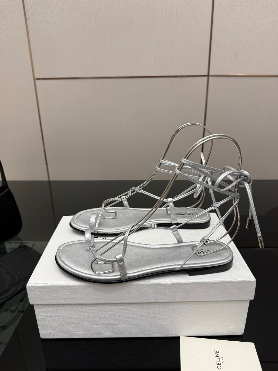 Celine 26s Triomphe Lace Up Flat Sandals Silver Calfskin 417392