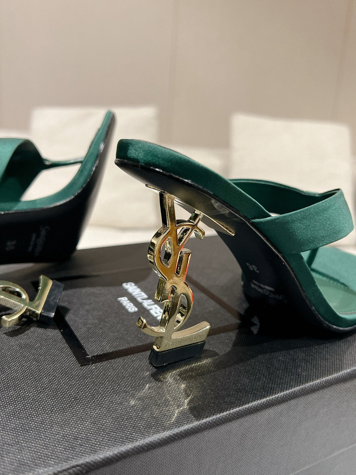 YSL 26S Heeled Thong Sandals 8.5cm Dark Green Satin