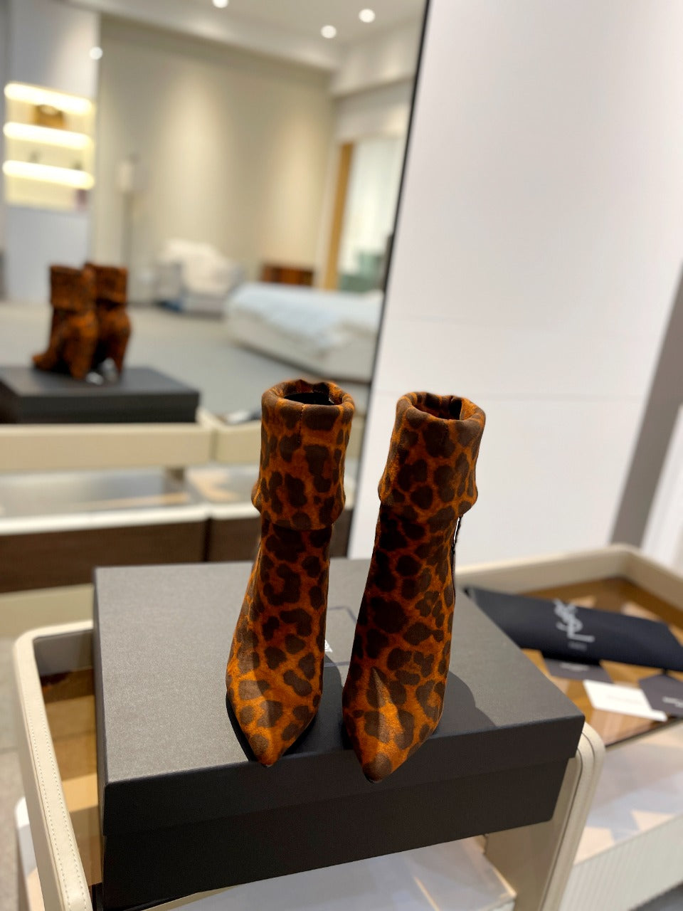 YSL 26s Leopard Ankle Boots Brown Black Suede 145334