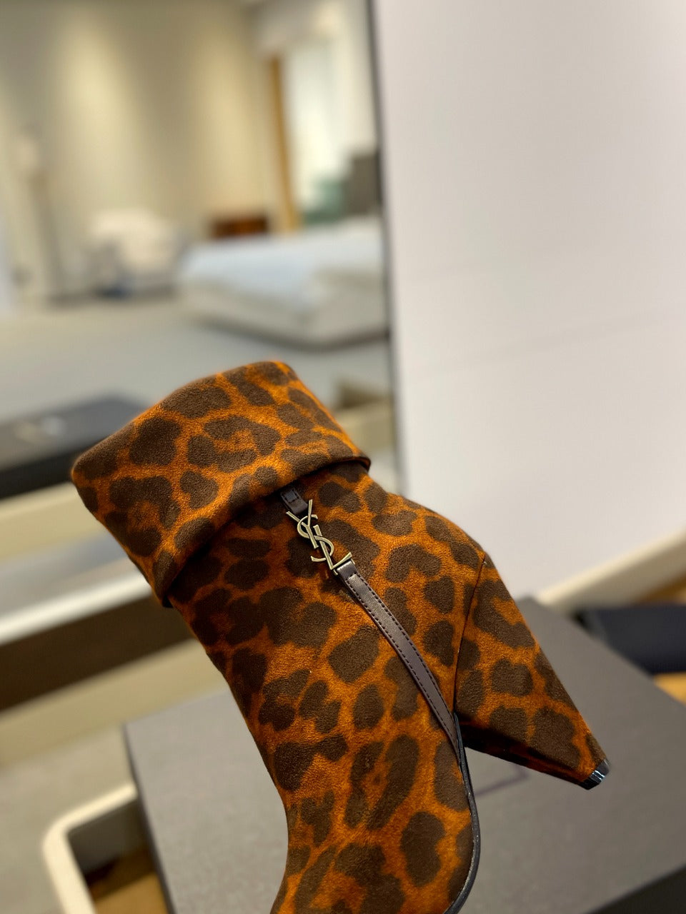 YSL 26s Leopard Ankle Boots Brown Black Suede 145334