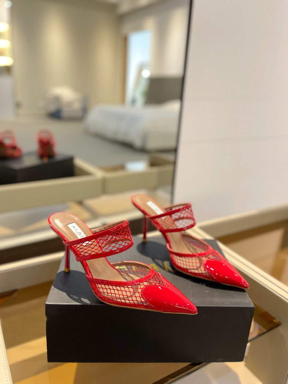 alaia mule 85 fishnet red heart lambskin