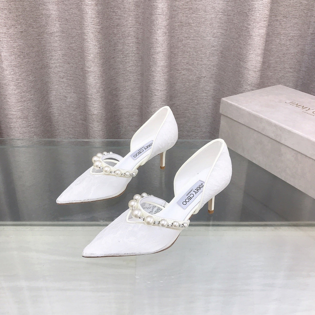 Jimmy Choo 26S High Heels 6.5cm White Lace Pearl-Embellished 714936