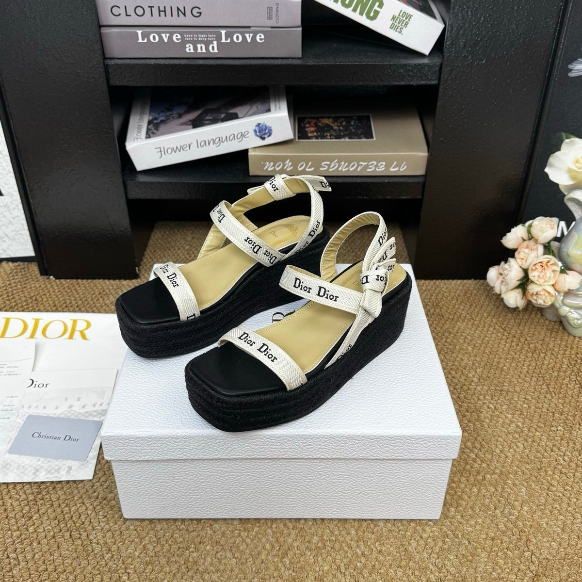 Dior 26s Espadrille Wedge Sandal Black Canvas Calfskin