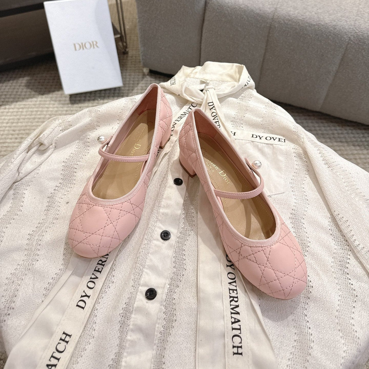 Dior 26s Mary Jane Pumps Light Pink Lambskin Pearl-Adorned Strap