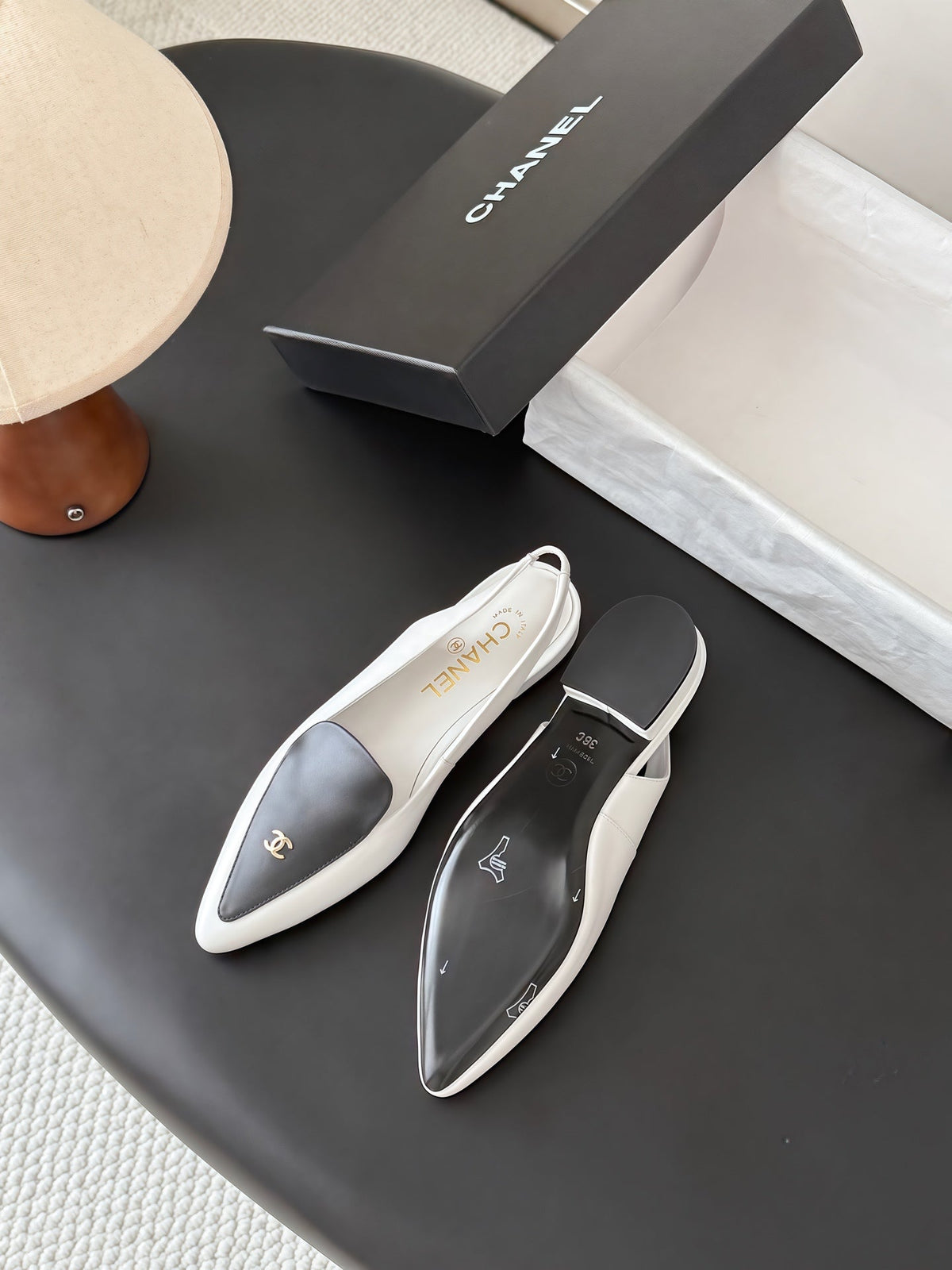 Chanel 26s Slingback Flat Black White Calfskin