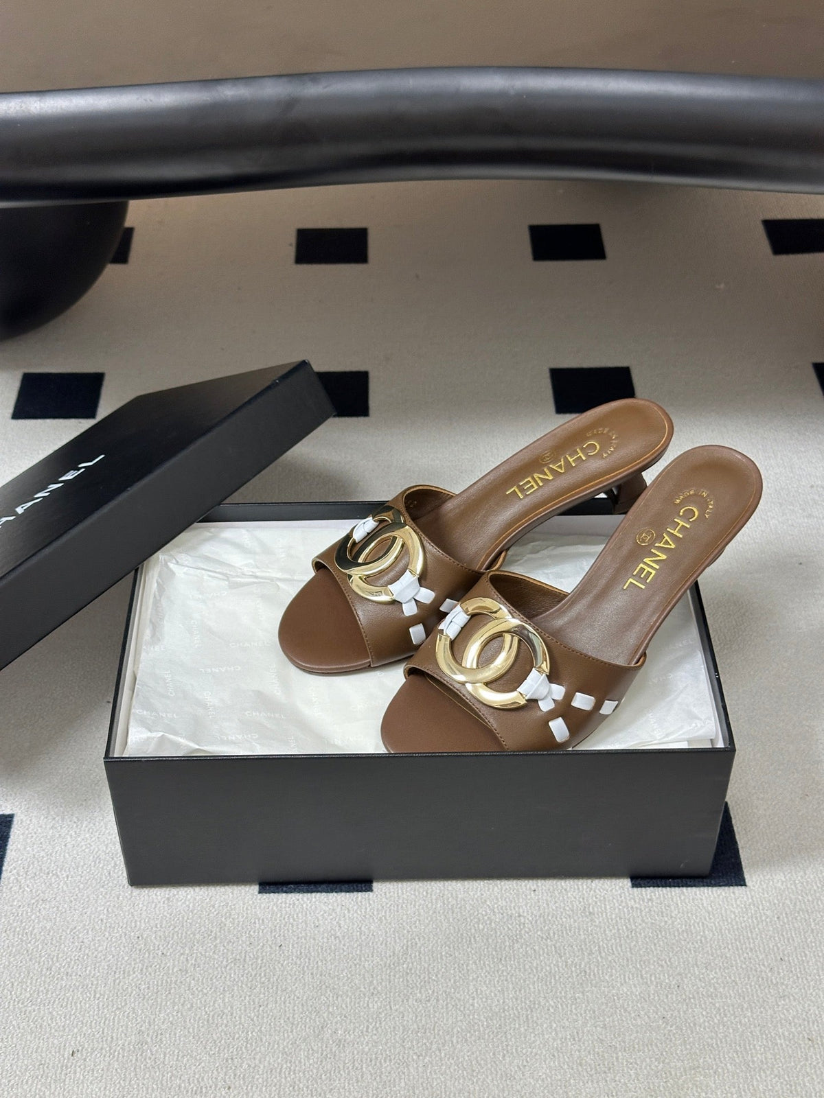 CC 26S High Heel Mule in Brown Lambskin with Gold-Tone CC Logo