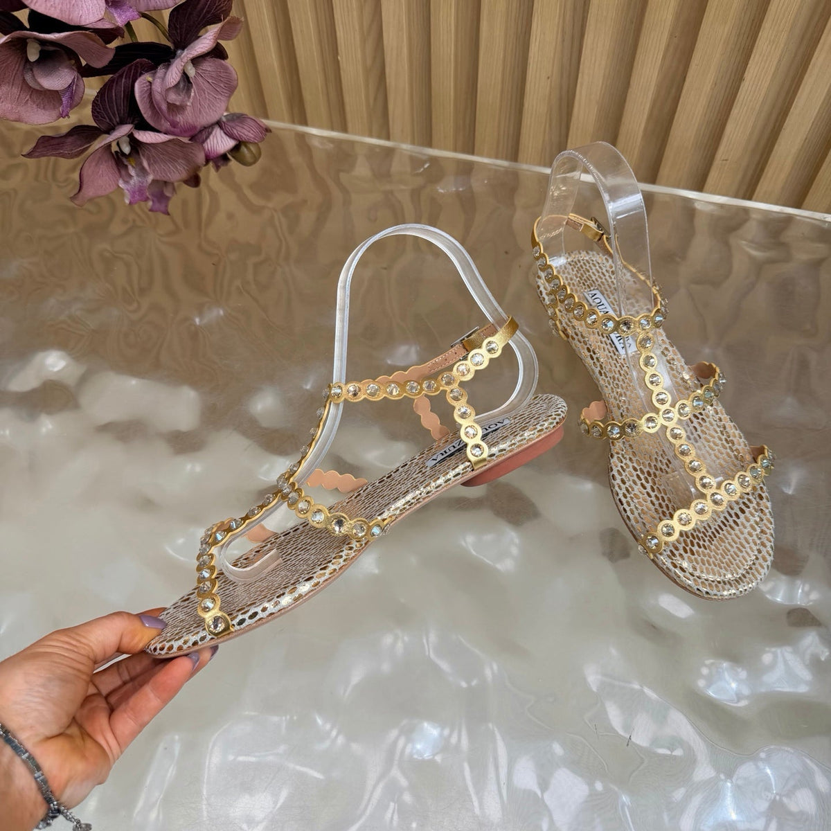 Aquazzura 26s Flat Sandals Gold Snakeskin Crystal Embellished 620483