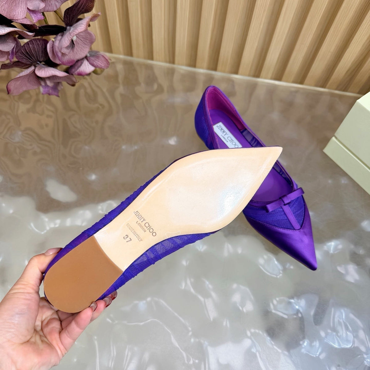 Jimmy Choo 26S Flats Dark Purple Lace And Satin 582194