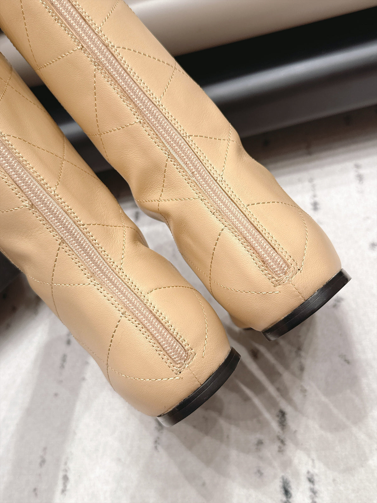 Chanel 26s Knee High Boots Beige Quilted Calfskin Black Patent Cuff