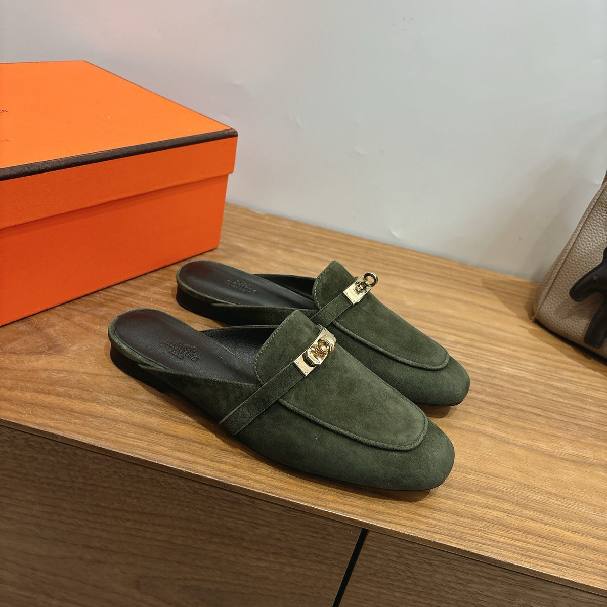 HM 26s Oz Mule Dark Olive Green Suede Gold Hardware