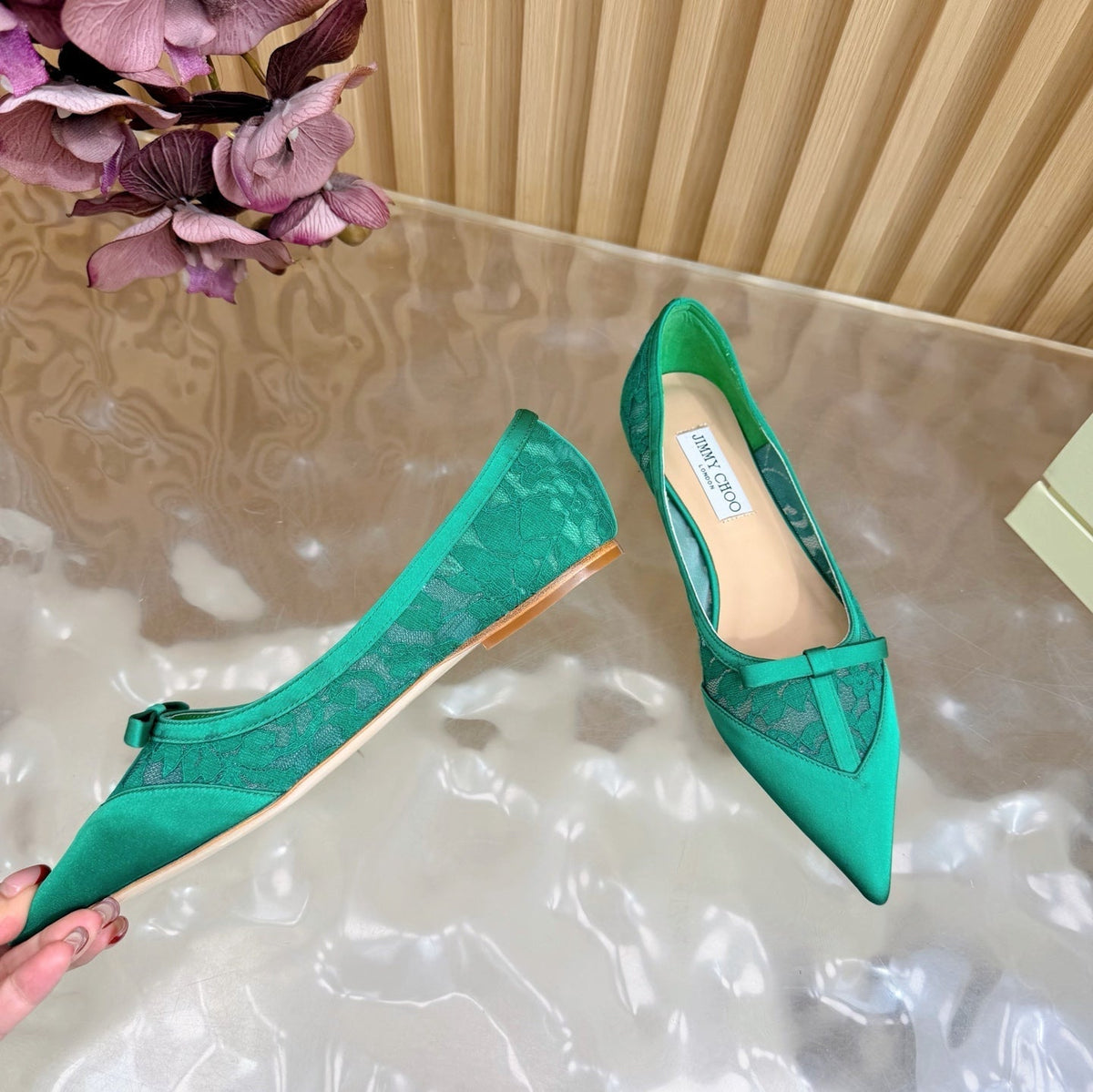 Jimmy Choo 26S Flats Green Lace And Satin 571492