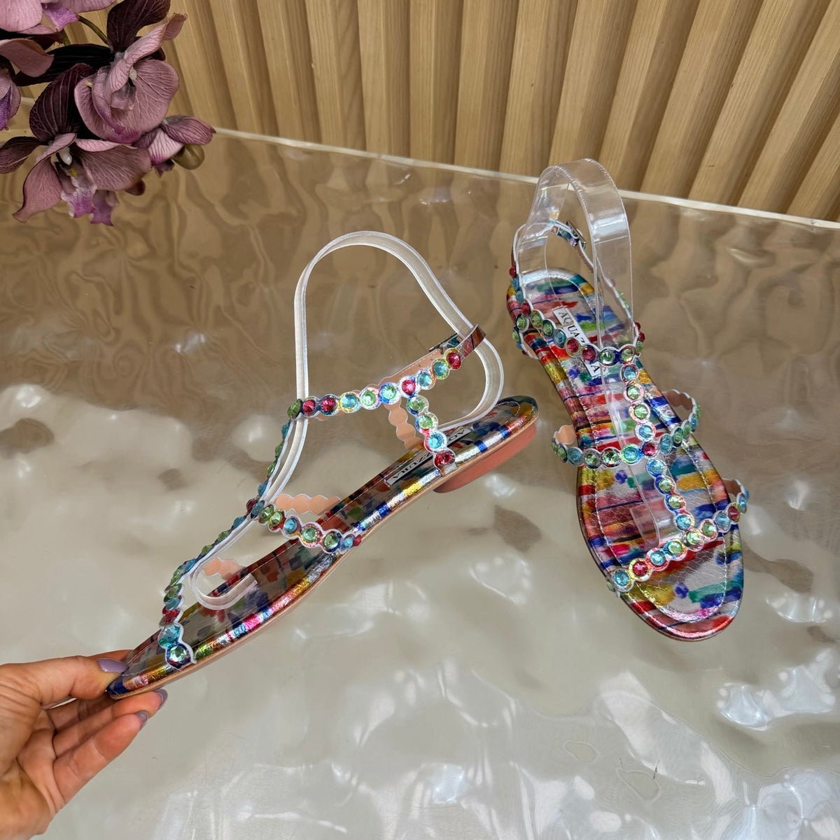 Aquazzura 26s Flat Sandals Multicolor Snakeskin Crystal Embellished 628314