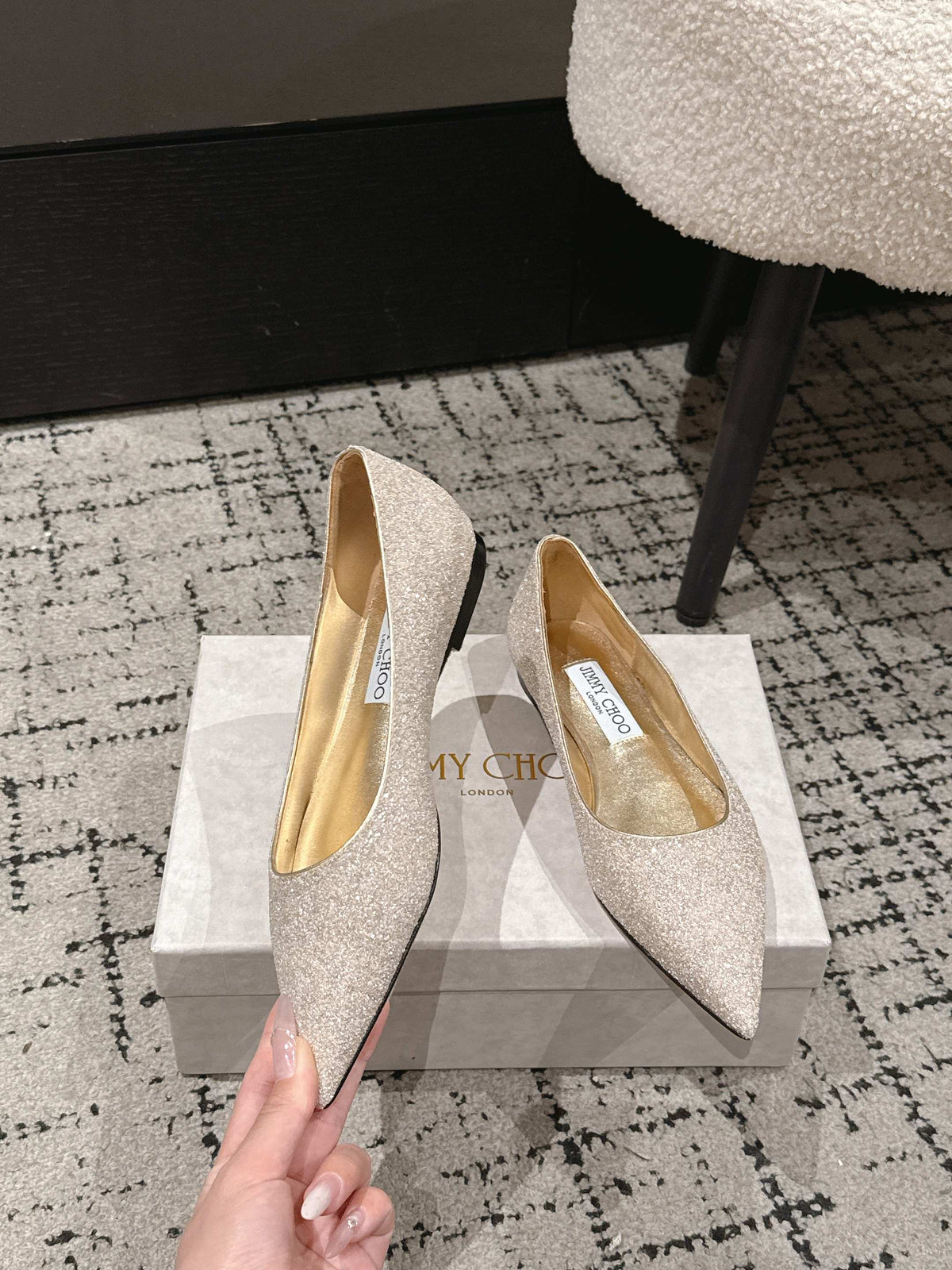 Jimmy Choo 26S Pointed Flats Champagne Gold Glitter 481539