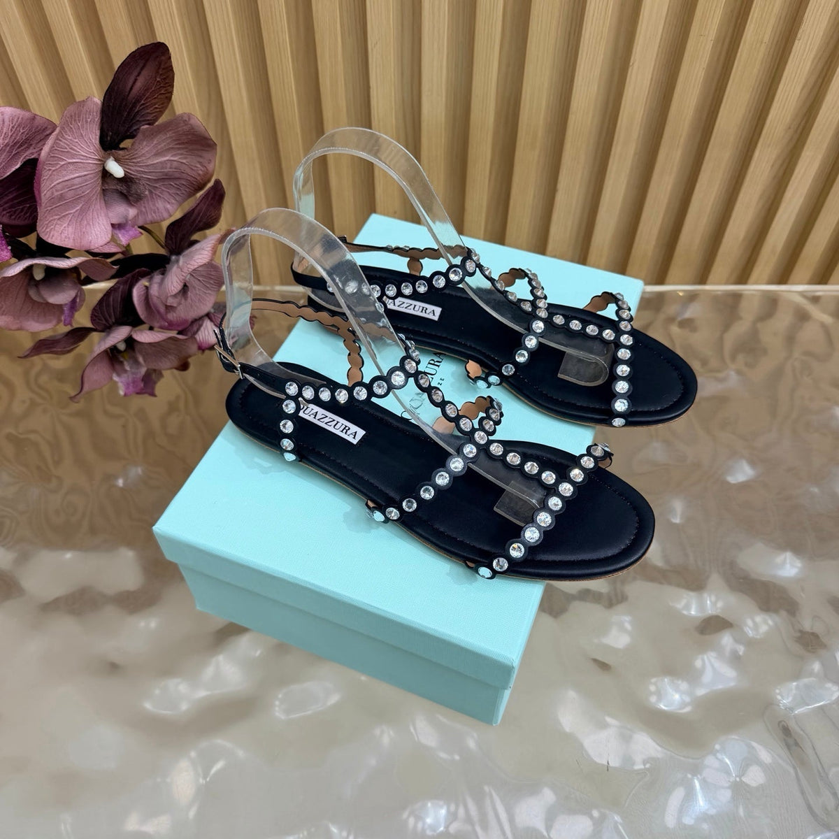 Aquazzura 26s Flat Sandals Black Calfskin Crystal Embellished 839514