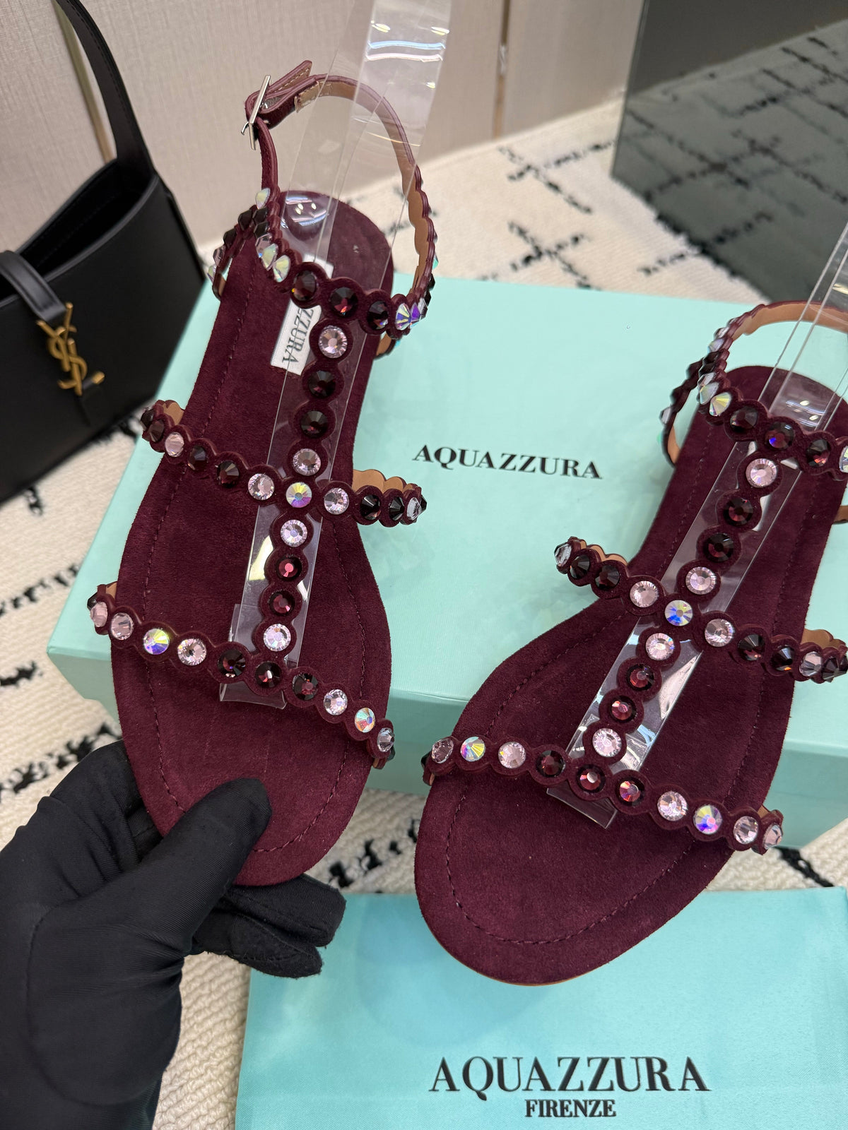 Aquazzura 26s Flat Sandals Dark Red Suede Crystal-Embellished 824195