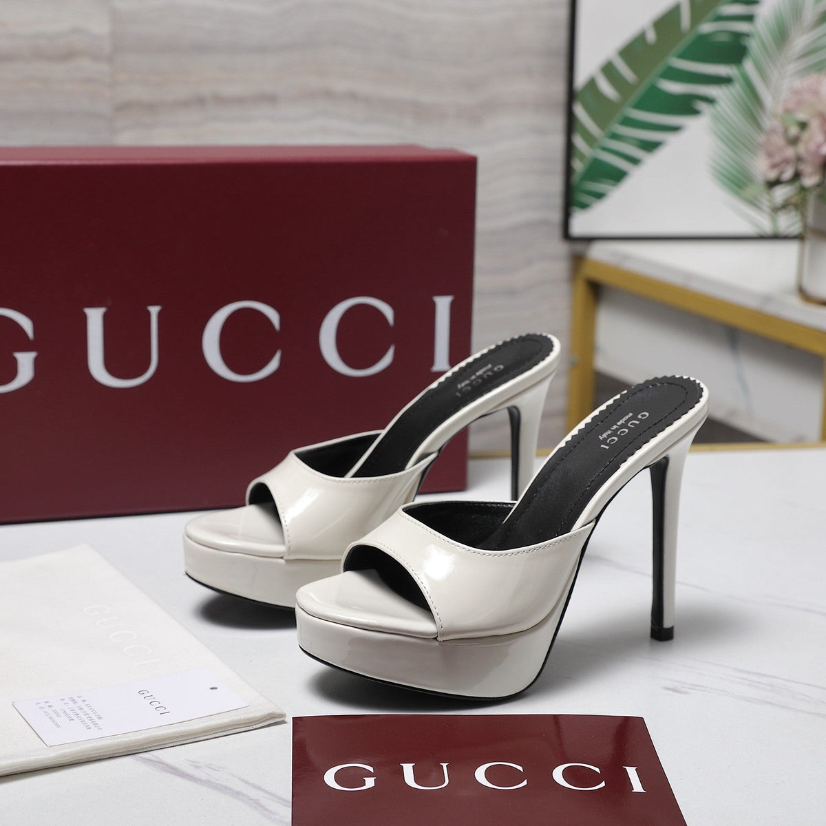 Gucci 26s Heeled Slide Sandals 12cm White Patent Calfskin