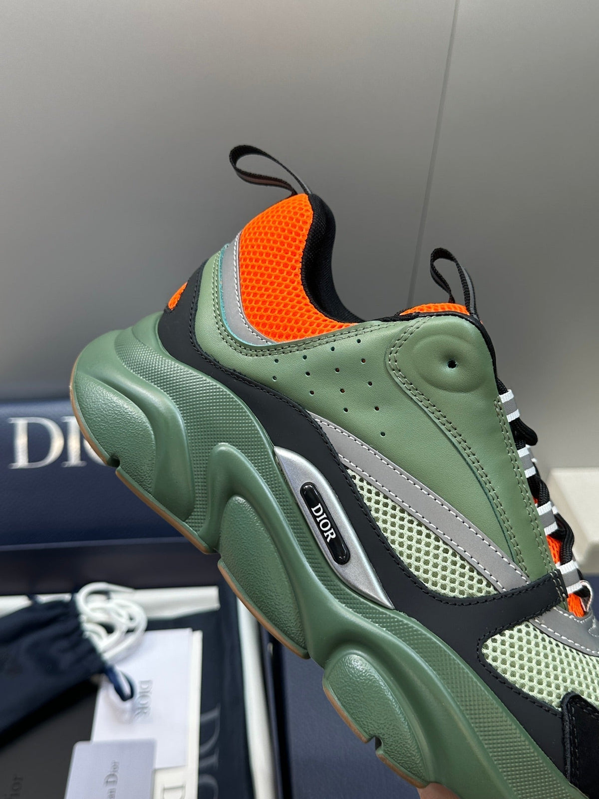CD 26s Men B22 Sneakers Khaki Green Light Green Mesh Orange Trim 825104
