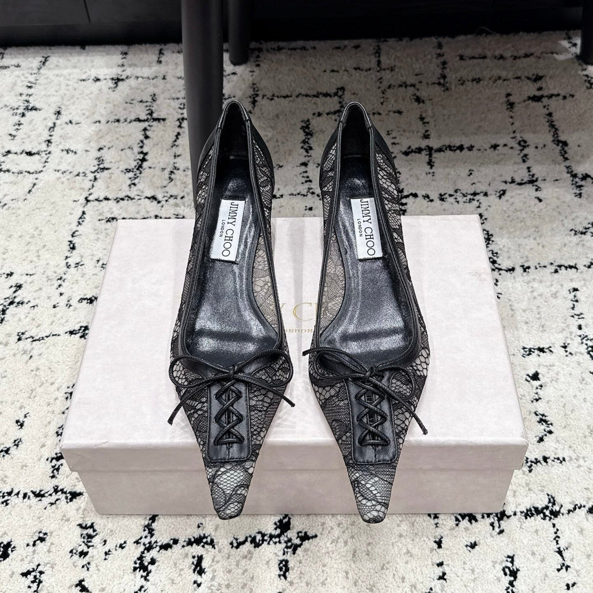 Jimmy Choo 26S Lace-Up High Heels 4.5cm Black Lace Fabric 284195