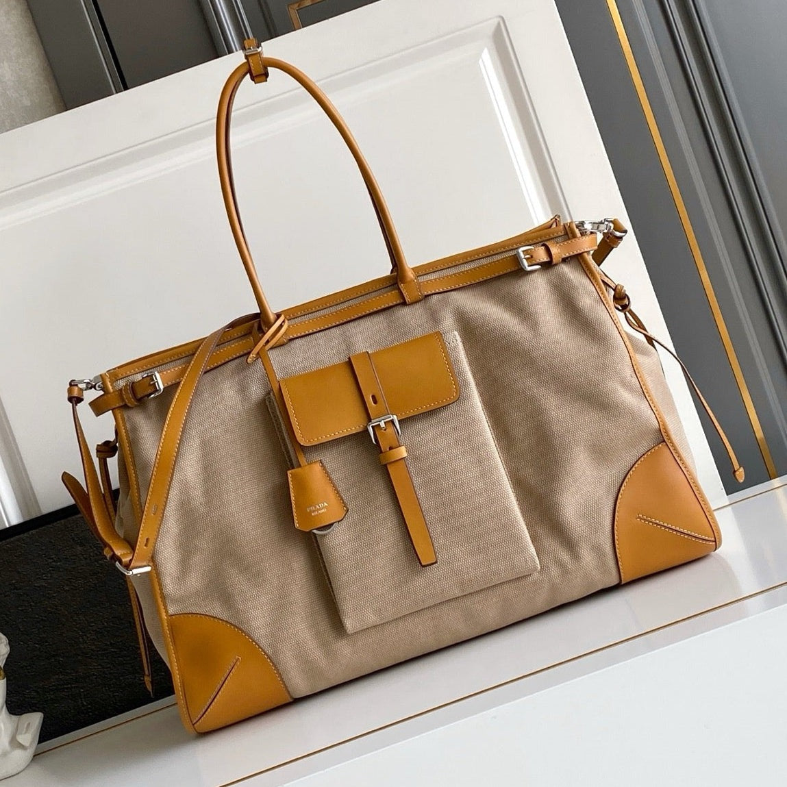 Prada 2026 Bonnie Tote Bag Brown Canvas Leather