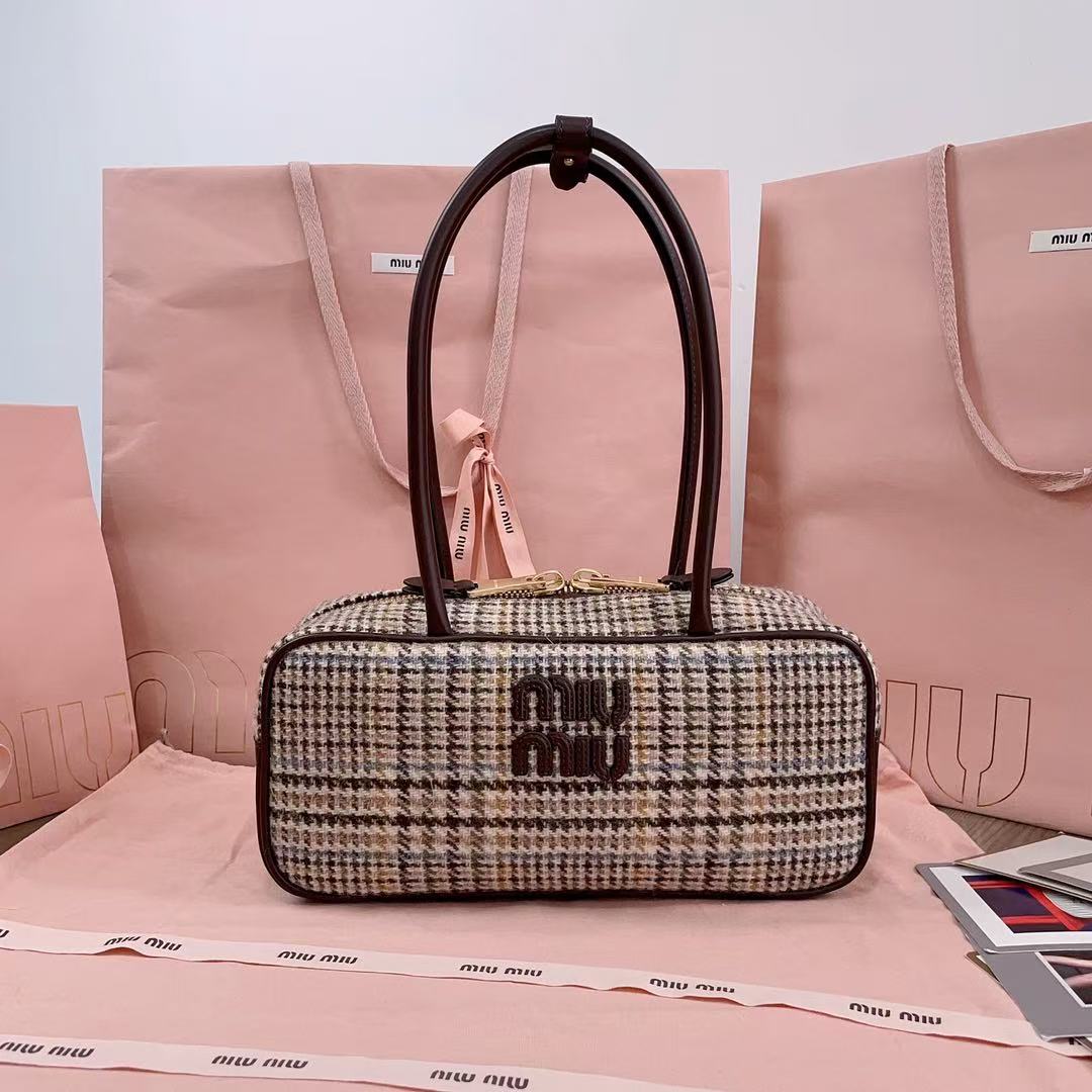 Miu 5BB147 Handbag 28cm Brown Beige Tweed