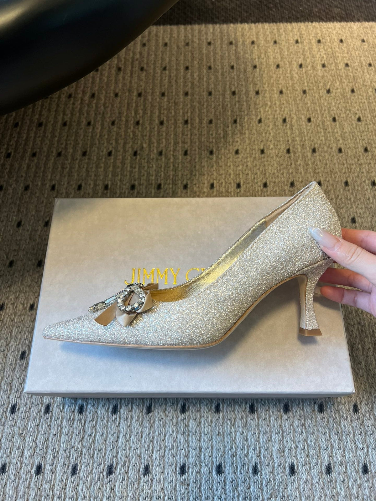 Jimmy Choo 26S High Heels 7.0cm Platinum Ice Glitter Fabric With Bow 841395